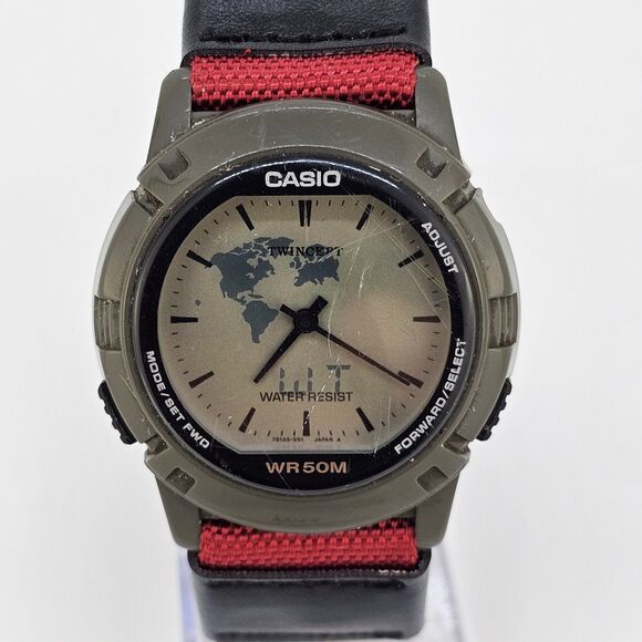 VTG Casio Men's Watch 37MM World Time Twincept ABX-20 New Canvas Bands Battery - Picture 1 of 16